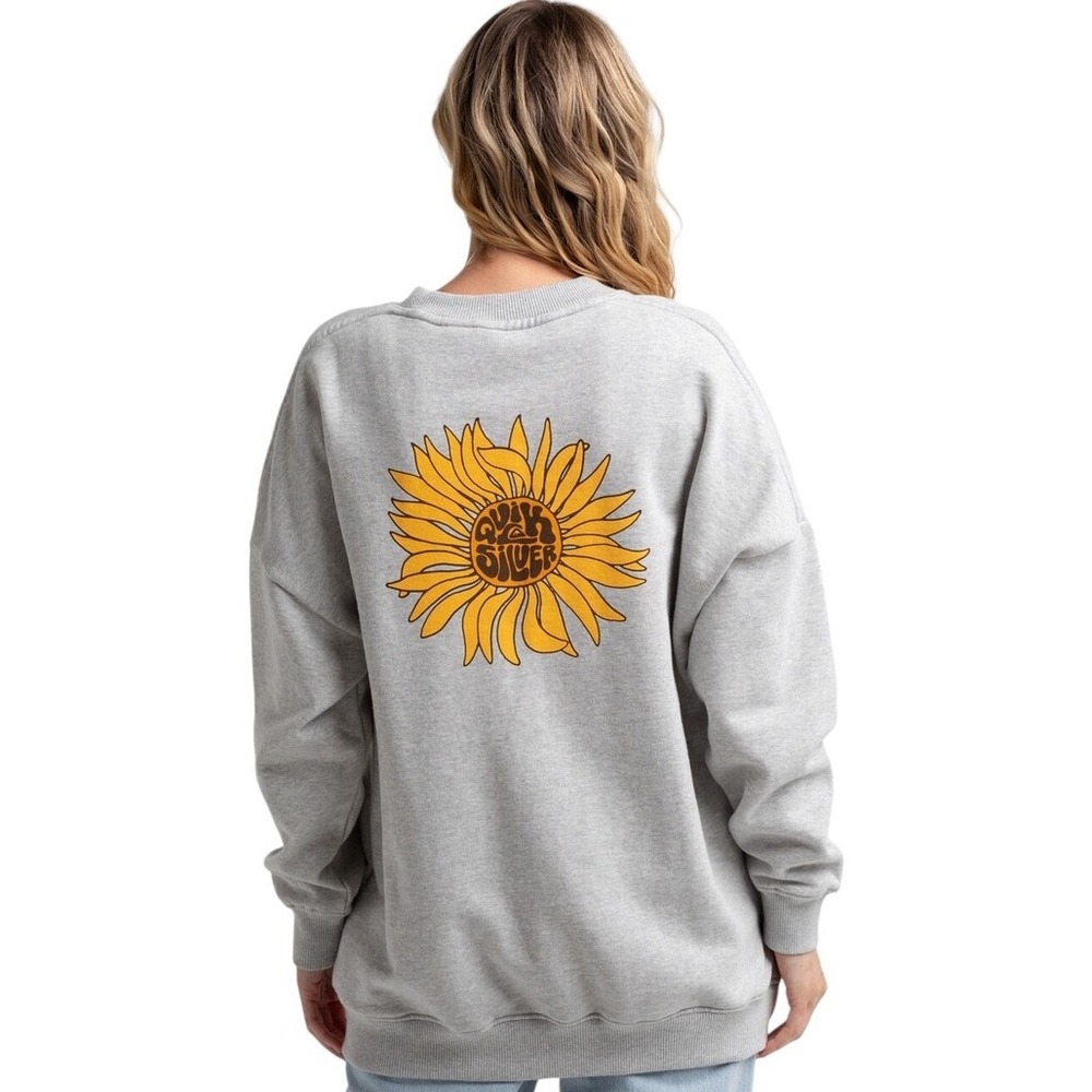 Quiksilver Womens Size XS No Limits Oversized Crewneck Sweatshirt Grey Sunflower